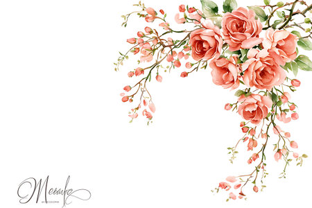 This beautiful artwork features delicate pink roses and green leaves, creating a stunning floral display on a clean white background, perfect for various design purposes.の写真素材