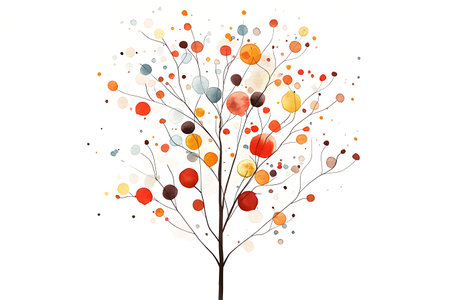 This abstract illustration features a vibrant tree design with colorful circles and delicate branches against a clean white background, evoking joy and creativity.の写真素材