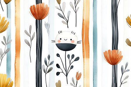 Bright and joyful illustration featuring a cheerful character among colorful flowers and leaves, perfect for adding a whimsical touch to any design project.の写真素材
