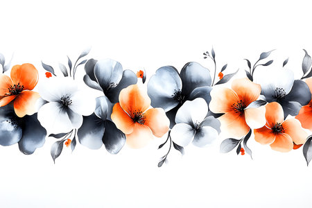 This captivating floral pattern showcases a harmonious blend of white, gray, and orange flowers, creating a fresh and modern aesthetic perfect for various design applications.の写真素材