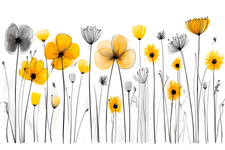 This illustration features a stunning array of vibrant yellow flowers with delicate, thin black stems. Perfect for backgrounds or artistic decorations.の写真素材