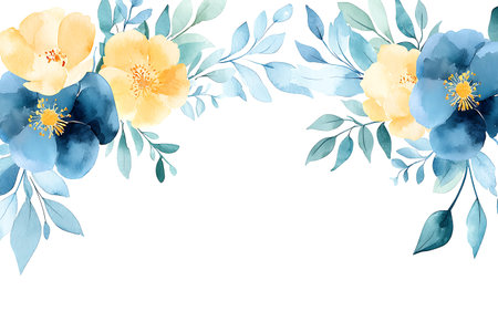 Beautiful watercolor floral frame featuring soft blue and yellow flowers with green foliage. Perfect for invitations, wall art, and design projects.の写真素材