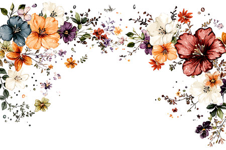 This stunning floral frame showcases a variety of colorful flowers and delicate leaves, perfect for invitations, stationery, or creative projects.の写真素材