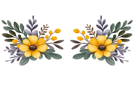 Bright yellow flowers and lush green leaves create a vibrant and cheerful floral arrangement. Perfect for decorations, designs, and artistic projects.の写真素材