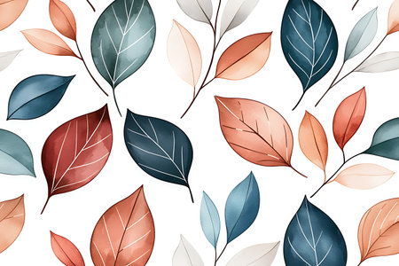 Discover an elegant pattern of colorful leaves on a white background, perfect for various design projects. Ideal for creative uses in textiles, wallpapers, and more.の写真素材
