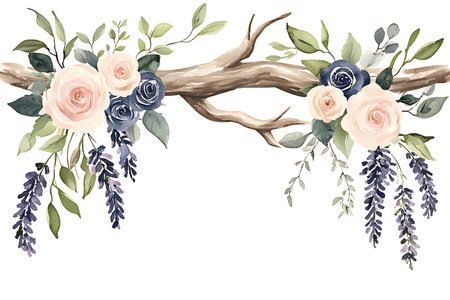 A stunning watercolor floral arrangement featuring elegant roses and lavender, beautifully intertwined with a branch. Ideal for weddings and events.の写真素材