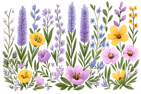 Beautiful illustration of a vibrant floral arrangement featuring purple lavender and various blooms. Perfect for spring-themed designs and decorations.の写真素材
