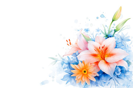 A stunning floral arrangement featuring delicate lilies, sunny daisies, and soft blue flowers, perfect for spring or summer decor, adds a touch of elegance.の写真素材