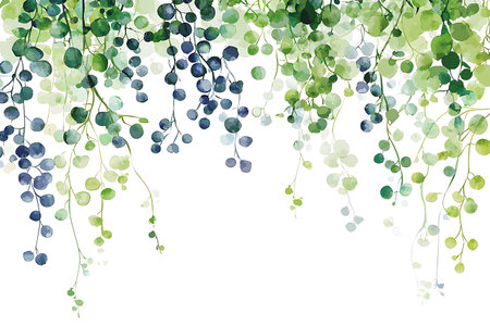 This beautiful watercolor illustration features lush greenery with delicate hanging leaves. Perfect for decorative purposes and nature-themed projects, it evokes tranquility and elegance.の写真素材