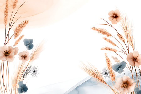 This elegant floral arrangement features soft pastel colors and delicate graphic elements, perfect for a fresh and serene background or decoration.の写真素材