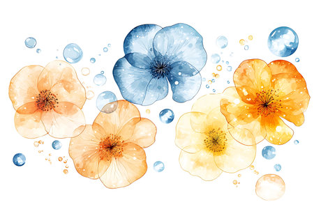 Brighten your space with this delicate watercolor flower illustration featuring soft hues and bubbles, perfect for decor, cards, and gifts.の写真素材