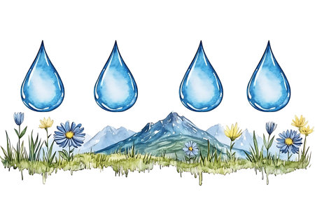 A beautiful watercolor illustration depicting vibrant water drops over a serene landscape featuring majestic mountains and colorful wildflowers. Perfect for nature-themed projects.の写真素材