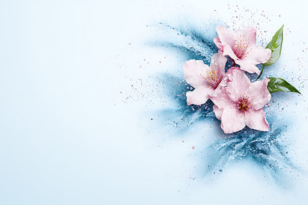 A captivating image of delicate pink flowers with a dynamic water splash on a soft blue background. Perfect for creative projects and designs.の写真素材