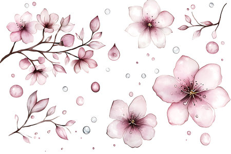 Beautiful watercolor illustration featuring soft pink flowers and leaves with gentle droplets. Perfect for spring-themed projects, invitations, and art prints.の写真素材
