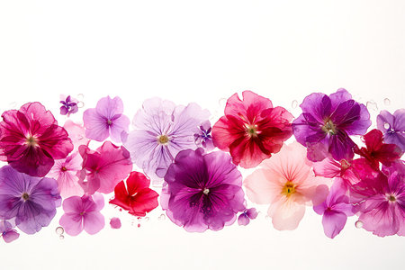 A captivating arrangement of pink and purple flowers against a white backdrop evokes beauty and tranquility. Perfect for nature-themed projects.の写真素材