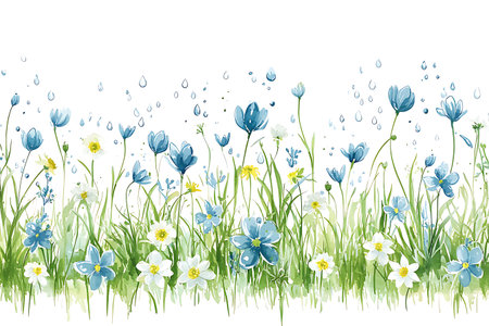 A gorgeous watercolor illustration of a flower field showcasing blue and white blooms with raindrops, capturing the essence of nature's beauty and tranquility.の写真素材