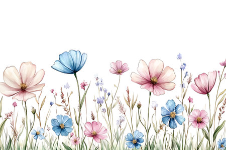 Delight in this stunning watercolor illustration featuring a variety of colorful wildflowers on a clean white background, perfect for seasonal themes.の写真素材