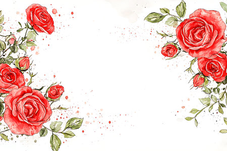 This image features vibrant red roses with lush green leaves and artistic splashes. Perfect for romantic themes, floral designs, or decorative projects.の写真素材
