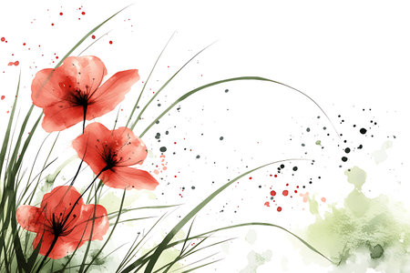 A stunning watercolor illustration of red flowers with green leaves, set against a clean white background. This artwork captures the essence of nature and beauty.の写真素材
