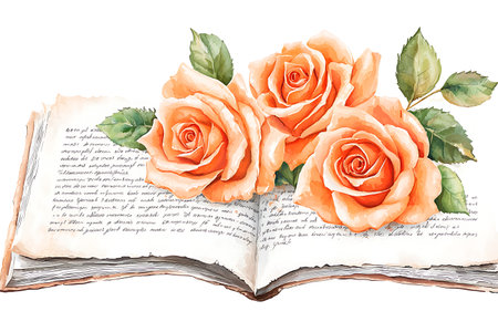 This beautiful illustration features an open book adorned with soft orange roses and green leaves, capturing a serene and artistic essence perfect for nature-themed designs and decor.の写真素材