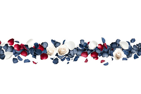 Discover an elegant arrangement of red and white rose petals creating a captivating visual on a pristine white background. Perfect for romantic themes.の写真素材