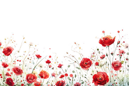 Vibrant watercolor illustration featuring red roses and delicate flowers against a white background, perfect for elegant design projects or decorative uses.の写真素材