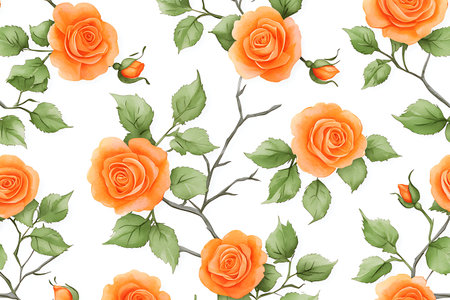 This beautiful floral pattern showcases vibrant orange roses intertwined with green leaves, perfect for adding a touch of nature's elegance to various designs.の写真素材