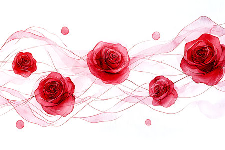 An artistic composition featuring beautiful red roses intertwined with soft swirling lines, perfect for conveying love and elegance in designs.の写真素材