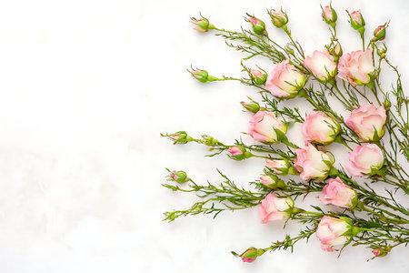 A stunning arrangement of pink roses with green buds displayed on a white marble surface. Perfect for weddings, celebrations, and decorative use.の写真素材