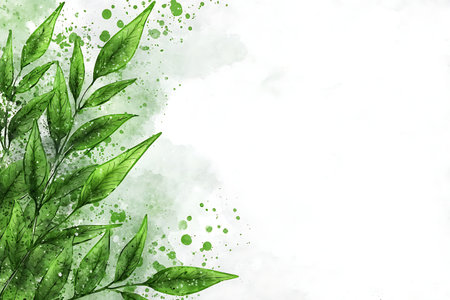 Bright and vibrant green leaf illustration on a watercolor splash background. Perfect for nature-themed projects, art, or decor.の写真素材