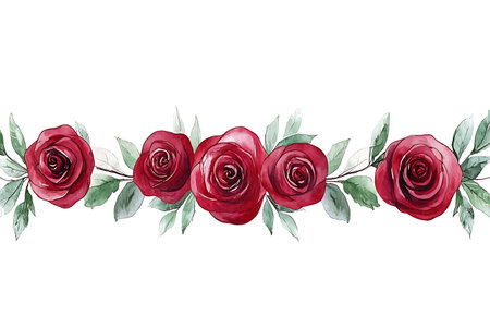 A beautiful watercolor illustration featuring elegant red roses and lush green leaves, perfect for various design projects, from invitations to home decor.の写真素材