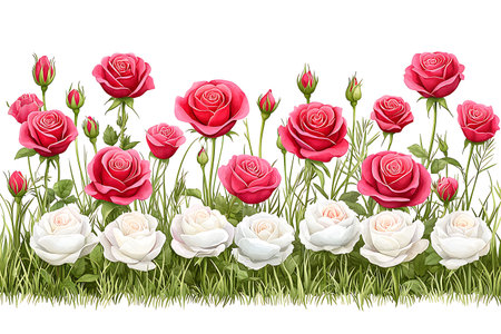 A stunning illustration showcasing vibrant red and white roses nestled in lush green grass, perfect for floral design and spring themes.の写真素材