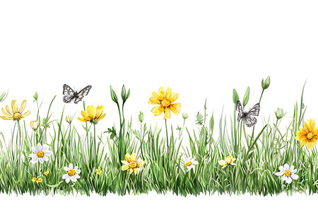 Experience the beauty of nature with this vibrant wildflower meadow featuring butterflies and lush green grass. A perfect illustration for spring themes.の写真素材