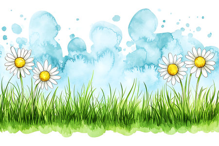 Cheerful watercolor background featuring vibrant daisies among lush green grass, perfect for creative projects or designs, evoking feelings of spring and nature.の写真素材