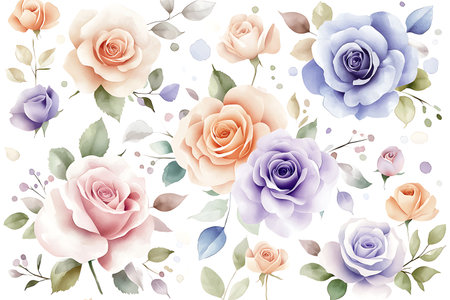Explore a stunning collection of watercolor roses in soft pastel colors, perfect for floral design projects and artistic inspiration. Enhance your visuals with elegance.の写真素材