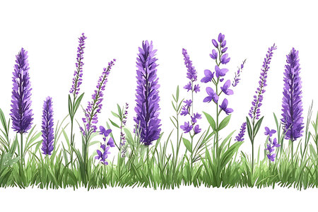 This beautiful illustration features a vibrant arrangement of purple wildflowers in a lush green meadow. Perfect for nature lovers and floral enthusiasts.の写真素材