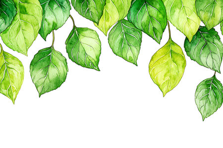 This stunning watercolor illustration features vibrant green leaves against a clean white background, showcasing intricate details and a fresh, organic feel.の写真素材