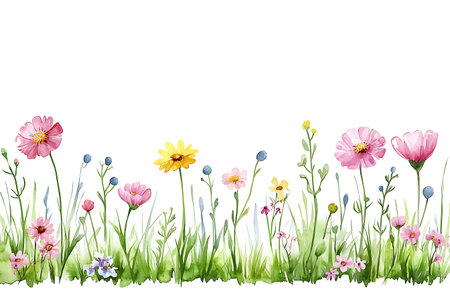 A beautiful watercolor illustration featuring an array of colorful wildflowers alongside lush green grass, perfect for seasonal designs and nature themes.の写真素材