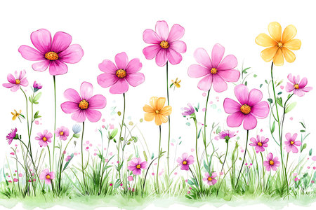 Beautiful illustration of various pink and yellow flowers with delicate details on a white background. Perfect for creative design projects, invitations, or decorative purposes.の写真素材