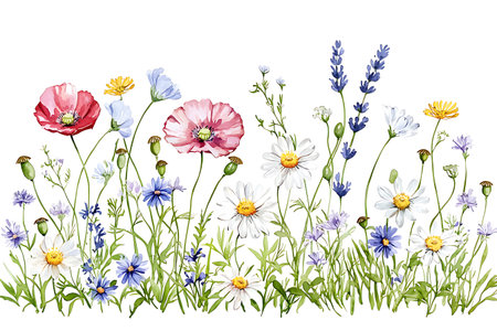 This vibrant illustration features a beautiful array of wildflowers, including poppies, daisies, and lavender. Perfect for spring-themed designs and decorations.の写真素材