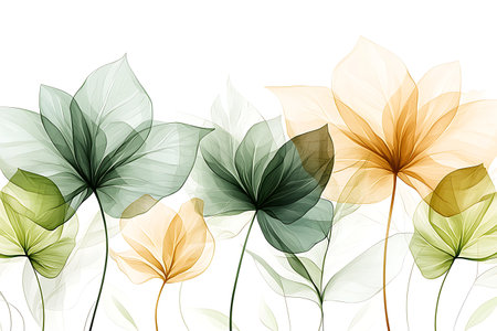 This elegant abstract floral design features soft pastel colors with delicate leaf patterns, creating a serene and fresh atmosphere perfect for modern decor.の写真素材