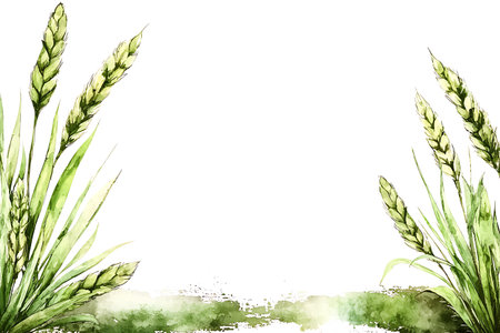 This watercolor illustration features vibrant green wheat plants on a clean white background, perfect for artistic and design projects. Ideal for nature and agriculture themes.の写真素材