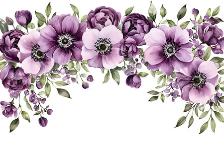 A stunning watercolor floral arrangement featuring purple anemones and delicate blossoms. Ideal for various decorative uses and creative projects.の写真素材