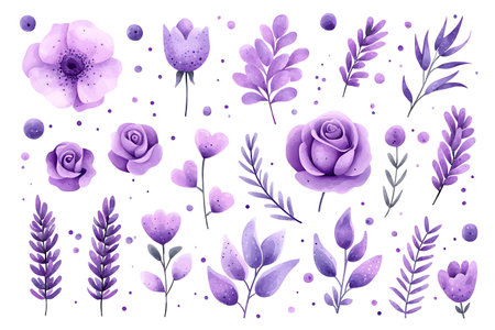 This vibrant floral pattern features a variety of purple flowers and delicate greenery, perfect for creative projects, invitations, or home decor.の写真素材