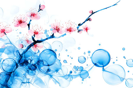This stunning image features a delicate cherry blossom branch set against a soft blue abstract background. The flowers enhance the tranquil atmosphere, perfect for spring themes.の写真素材