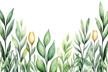 Discover a stunning watercolor illustration featuring vibrant green leaves and delicate yellow tulip blossoms, perfect for nature-themed designs.の写真素材
