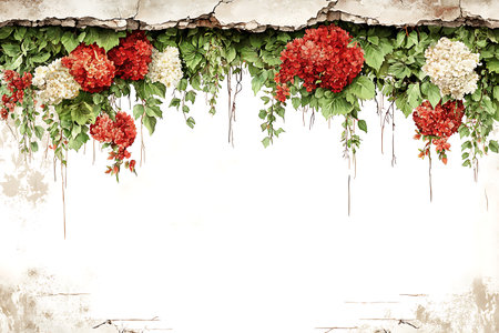 This enchanting floral illustration features vibrant hydrangeas in red and white, complemented by lush green leaves. Ideal for decoration or artistic projects.の写真素材