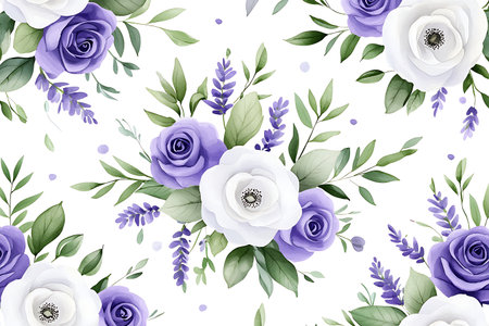 Discover an elegant floral pattern featuring purple and white roses intertwined with green leaves on a white background. Perfect for various design uses.の写真素材