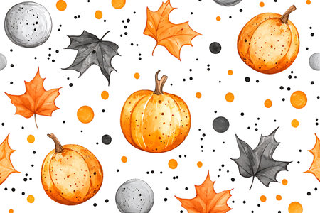 Vibrant watercolor pattern featuring pumpkins, autumn leaves, and playful dots, perfect for seasonal designs and decor that celebrates fall's beauty.の写真素材