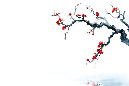 A striking representation of a cherry blossom tree with red flowers set against a pristine white background, evoking feelings of tranquility and beauty.の写真素材